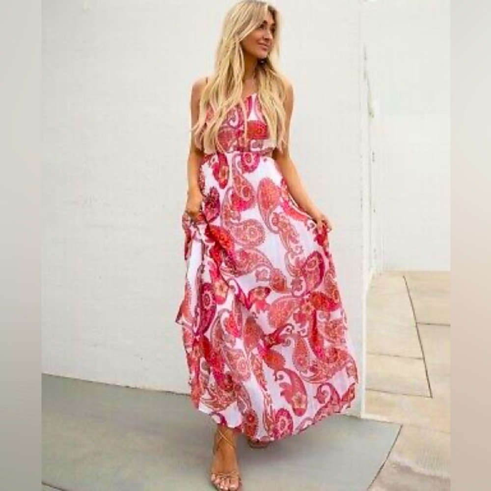 Pink paisley pleated cutout maxi dress by Express, small
